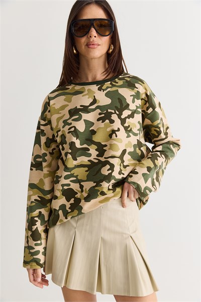 Kadın Kamuflaj Desenli Oversize Sweatshirt 6216 60286561 - Yeşil