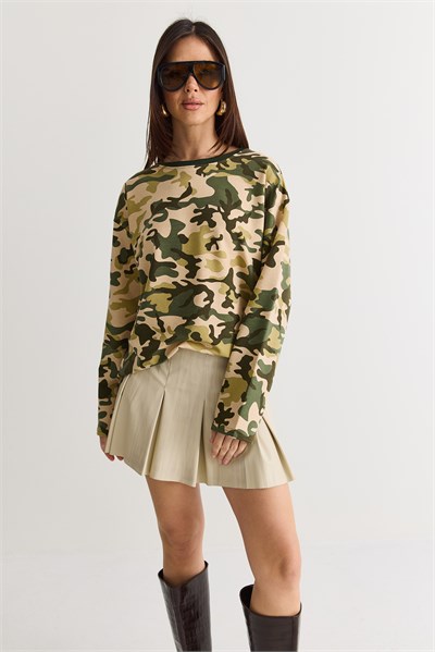 Kadın Kamuflaj Desenli Oversize Sweatshirt 6216 60286561 - Yeşil