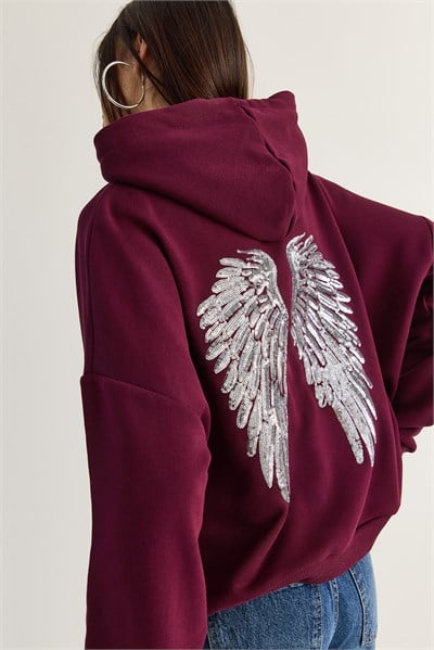 Kadın Kanat Detaylı Taş İşlemeli Kapüşonlu Kanguru Cepli Sweatshirt 4197 60286519 - Mürdüm