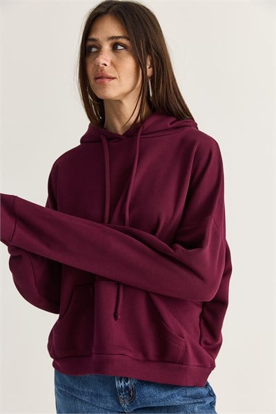 Kadın Kanat Detaylı Taş İşlemeli Kapüşonlu Kanguru Cepli Sweatshirt 4197 60286519 - Mürdüm