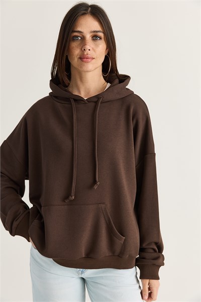 Kadın Kanat Detaylı Taş İşlemeli Kapüşonlu Kanguru Cepli Sweatshirt 4197 60286519 - Acı Kahve