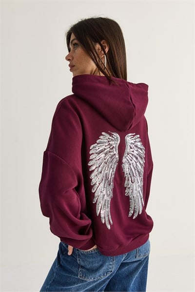 Kadın Kanat Detaylı Taş İşlemeli Kapüşonlu Kanguru Cepli Sweatshirt 4197 60286519 - Mürdüm