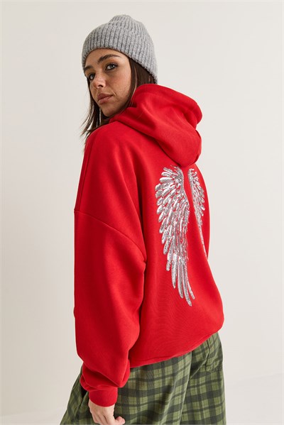 Kadın Kanat Detaylı Taş İşlemeli Kapüşonlu Kanguru Cepli Sweatshirt 4197 60286519 - Kırmızı