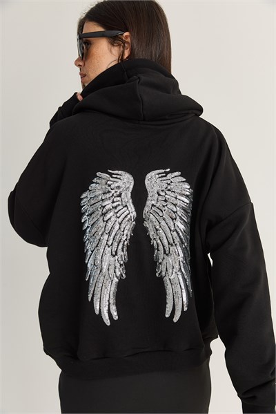 Kadın Kanat Detaylı Taş İşlemeli Kapüşonlu Kanguru Cepli Sweatshirt 4197 60286519 - Siyah