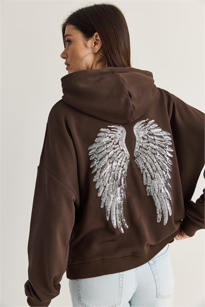 Kadın Kanat Detaylı Taş İşlemeli Kapüşonlu Kanguru Cepli Sweatshirt 4197 60286519 - Acı Kahve