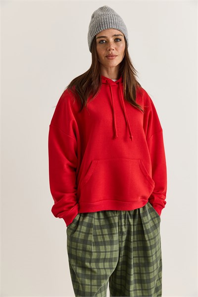 Kadın Kanat Detaylı Taş İşlemeli Kapüşonlu Kanguru Cepli Sweatshirt 4197 60286519 - Kırmızı