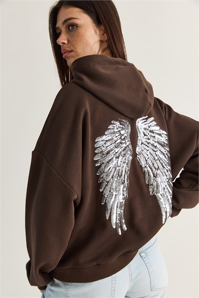 Kadın Kanat Detaylı Taş İşlemeli Kapüşonlu Kanguru Cepli Sweatshirt 4197 60286519 - Acı Kahve
