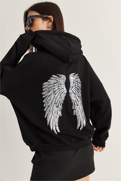 Kadın Kanat Detaylı Taş İşlemeli Kapüşonlu Kanguru Cepli Sweatshirt 4197 60286519 - Siyah