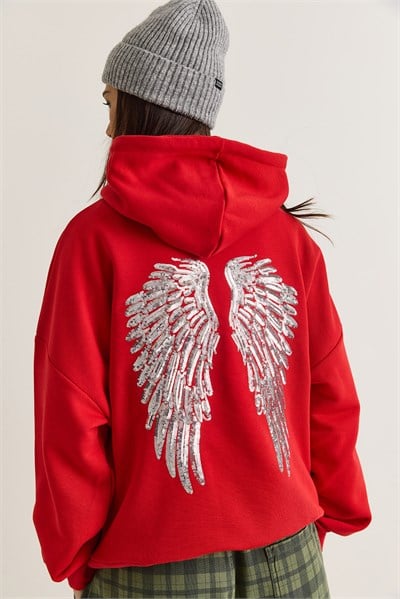 Kadın Kanat Detaylı Taş İşlemeli Kapüşonlu Kanguru Cepli Sweatshirt 4197 60286519 - Kırmızı