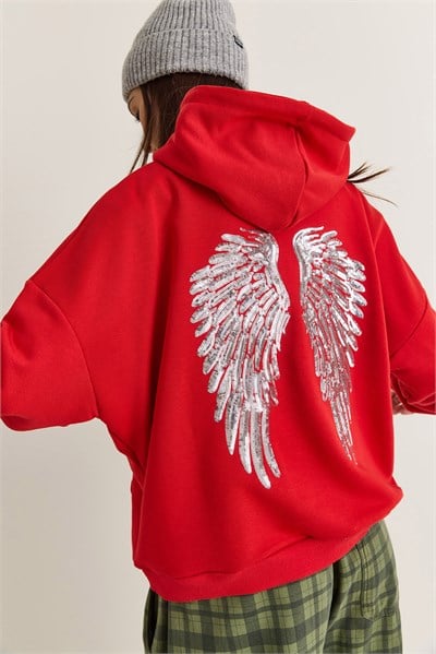 Kadın Kanat Detaylı Taş İşlemeli Kapüşonlu Kanguru Cepli Sweatshirt 4197 60286519 - Kırmızı