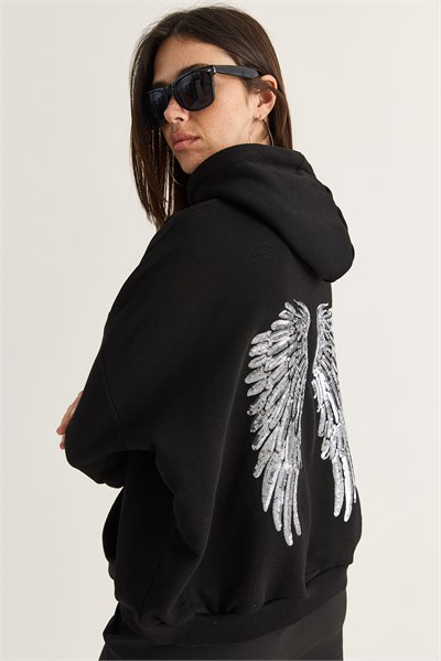 Kadın Kanat Detaylı Taş İşlemeli Kapüşonlu Kanguru Cepli Sweatshirt 4197 60286519 - Siyah