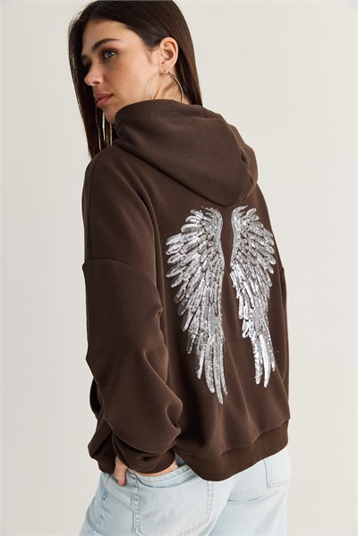 Kadın Kanat Detaylı Taş İşlemeli Kapüşonlu Kanguru Cepli Sweatshirt 4197 60286519 - Acı Kahve