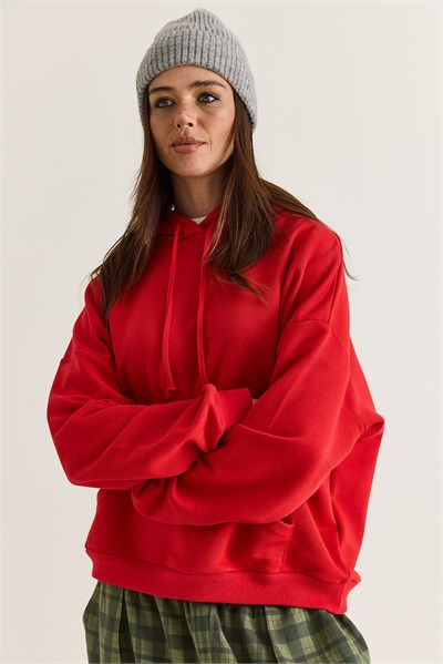 Kadın Kanat Detaylı Taş İşlemeli Kapüşonlu Kanguru Cepli Sweatshirt 4197 60286519 - Kırmızı