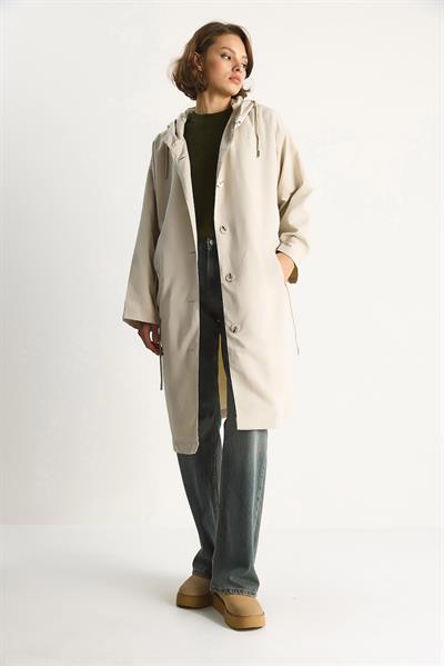 Kadın Kapüşonlu Astarlı Cep Detaylı Orta Boy Mevsimlik Trençkot 7024 60283546 - Taş