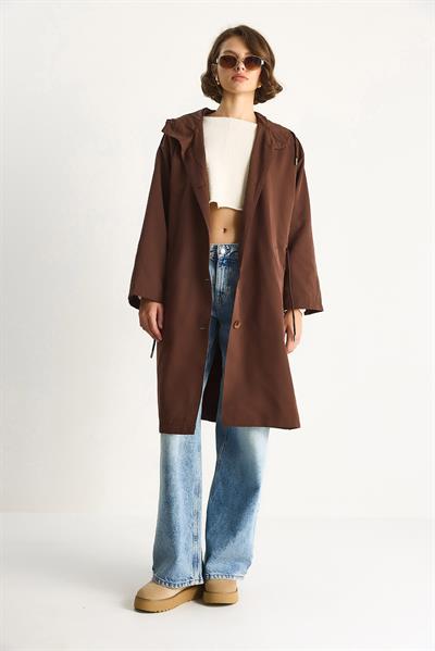 Kadın Kapüşonlu Astarlı Cep Detaylı Orta Boy Mevsimlik Trençkot 7024 60283546 - Acı Kahve