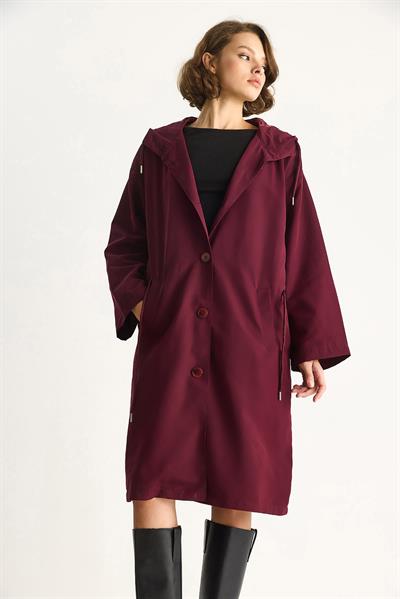 Kadın Kapüşonlu Astarlı Cep Detaylı Orta Boy Mevsimlik Trençkot 7024 60283546 - Vişne