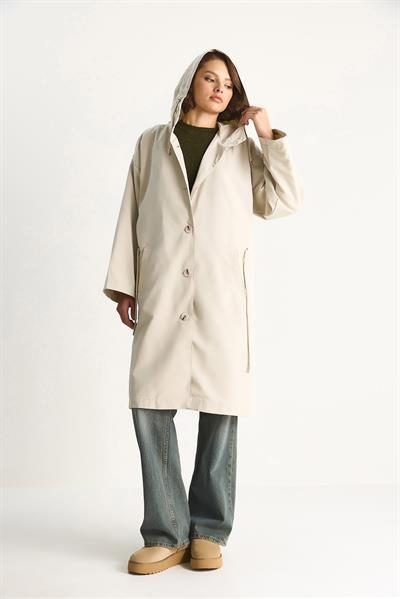 Kadın Kapüşonlu Astarlı Cep Detaylı Orta Boy Mevsimlik Trençkot 7024 60283546 - Taş