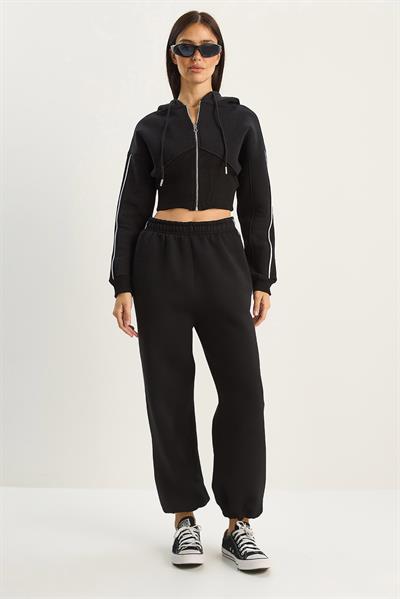 Kadın Kapüşonlu Belden Oturtmalı Hırka Bol Pantolon Üç İplik Şardonlu Alt-Üst Takım 4051 60283774 - Siyah