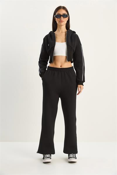 Kadın Kapüşonlu Belden Oturtmalı Hırka Bol Pantolon Üç İplik Şardonlu Alt-Üst Takım 4051 60283774 - Siyah