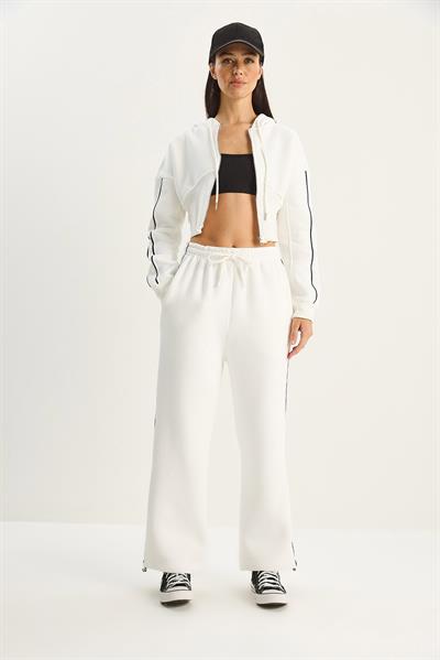 Kadın Kapüşonlu Belden Oturtmalı Hırka Bol Pantolon Üç İplik Şardonlu Alt-Üst Takım 4051 60283774 - Beyaz