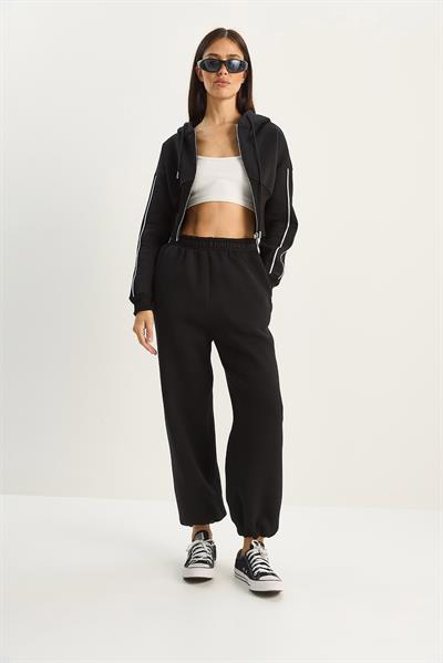 Kadın Kapüşonlu Belden Oturtmalı Hırka Bol Pantolon Üç İplik Şardonlu Alt-Üst Takım 4051 60283774 - Siyah