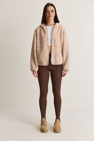 Kadın Kapüşonlu Biyeli Fermuarlı Cep Detaylı Teddy Peluş Sweat 2970 60286606 - Bej-Vizon