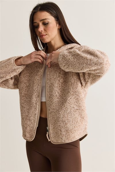 Kadın Kapüşonlu Biyeli Fermuarlı Cep Detaylı Teddy Peluş Sweat 2970 60286606 - Bej-Vizon