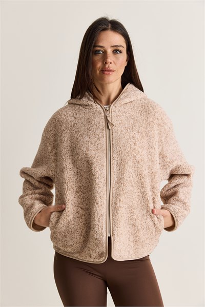 Kadın Kapüşonlu Biyeli Fermuarlı Cep Detaylı Teddy Peluş Sweat 2970 60286606 - Bej-Vizon