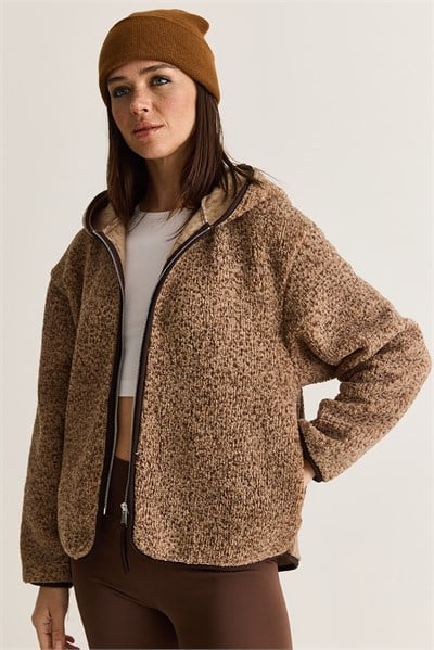 Kadın Kapüşonlu Biyeli Fermuarlı Cep Detaylı Teddy Peluş Sweat 2970 60286606 - Kahverengi-Vizon