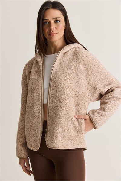 Kadın Kapüşonlu Biyeli Fermuarlı Cep Detaylı Teddy Peluş Sweat 2970 60286606 - Bej-Vizon