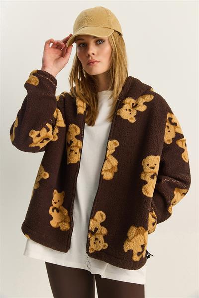 Kadın Kapüşonlu Cep Detaylı Teddy Oversize Polar Sweatshirt 4133 60283893 - Kahverengi