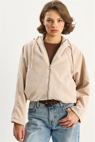 Kadın Kapüşonlu Fermuarlı Cep Detaylı Astarlı Süet Bomber Ceket 6912 60283709 - Bej