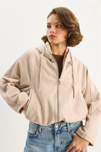 Kadın Kapüşonlu Fermuarlı Cep Detaylı Astarlı Süet Bomber Ceket 6912 60283709 - Bej
