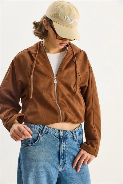 Kadın Kapüşonlu Fermuarlı Cep Detaylı Astarlı Süet Bomber Ceket 6912 60283709 - Taba