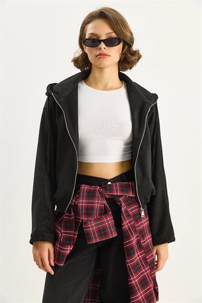 Kadın Kapüşonlu Fermuarlı Cep Detaylı Astarlı Süet Bomber Ceket 6912 60283709 - Siyah