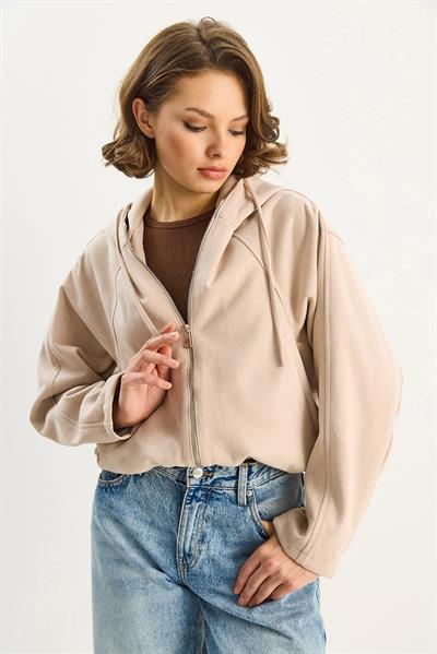 Kadın Kapüşonlu Fermuarlı Cep Detaylı Astarlı Süet Bomber Ceket 6912 60283709 - Bej
