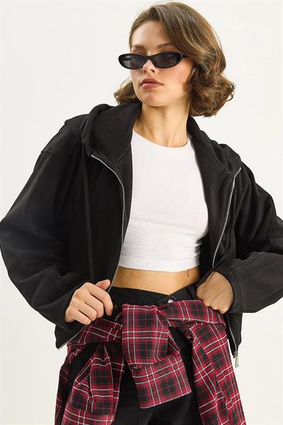 Kadın Kapüşonlu Fermuarlı Cep Detaylı Astarlı Süet Bomber Ceket 6912 60283709 - Siyah