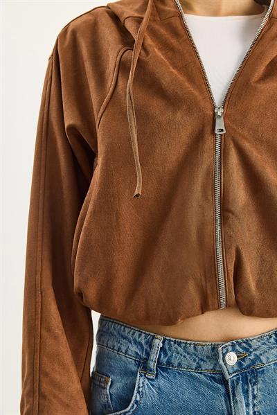 Kadın Kapüşonlu Fermuarlı Cep Detaylı Astarlı Süet Bomber Ceket 6912 60283709 - Taba