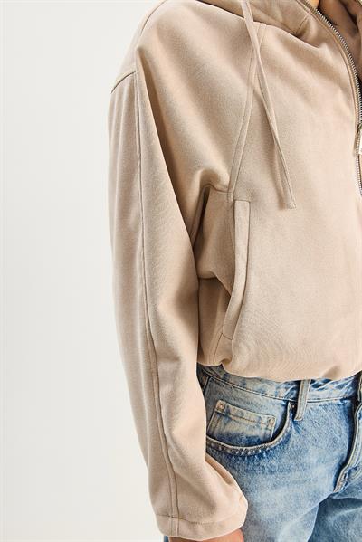 Kadın Kapüşonlu Fermuarlı Cep Detaylı Astarlı Süet Bomber Ceket 6912 60283709 - Bej