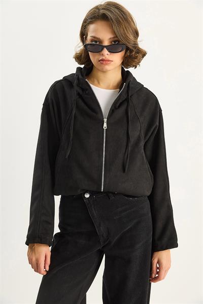 Kadın Kapüşonlu Fermuarlı Cep Detaylı Astarlı Süet Bomber Ceket 6912 60283709 - Siyah