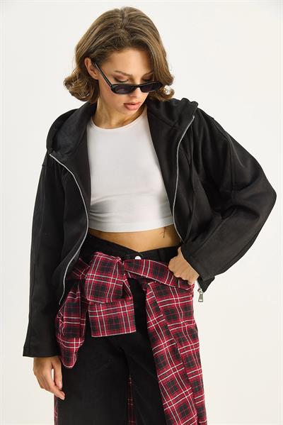 Kadın Kapüşonlu Fermuarlı Cep Detaylı Astarlı Süet Bomber Ceket 6912 60283709 - Siyah