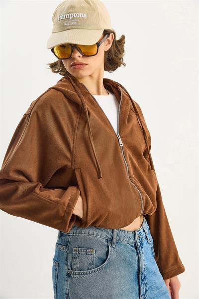 Kadın Kapüşonlu Fermuarlı Cep Detaylı Astarlı Süet Bomber Ceket 6912 60283709 - Taba