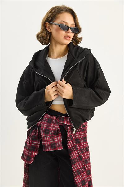 Kadın Kapüşonlu Fermuarlı Cep Detaylı Astarlı Süet Bomber Ceket 6912 60283709 - Siyah