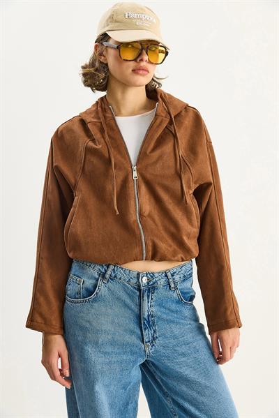 Kadın Kapüşonlu Fermuarlı Cep Detaylı Astarlı Süet Bomber Ceket 6912 60283709 - Taba