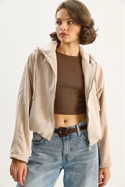 Kadın Kapüşonlu Fermuarlı Cep Detaylı Astarlı Süet Bomber Ceket 6912 60283709 - Bej