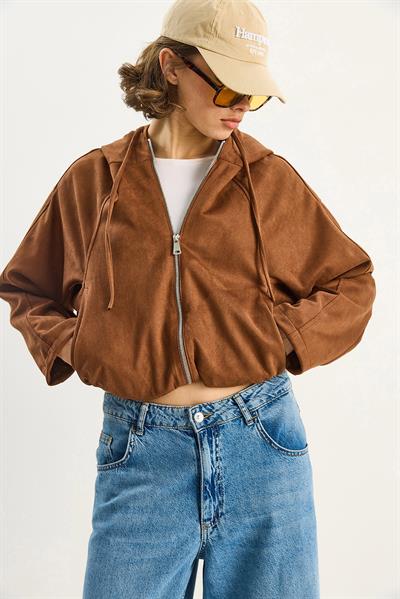 Kadın Kapüşonlu Fermuarlı Cep Detaylı Astarlı Süet Bomber Ceket 6912 60283709 - Taba