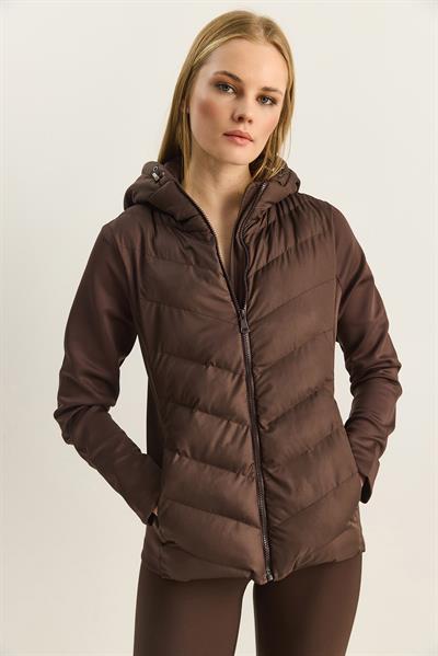 Kadın Kapüşonlu Fermuarlı Garnili Slim Fit Şişme Mont 1123 60283816 - Acı Kahve