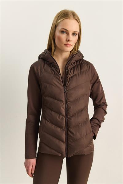 Kadın Kapüşonlu Fermuarlı Garnili Slim Fit Şişme Mont 1123 60283816 - Acı Kahve