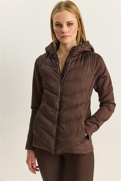 Kadın Kapüşonlu Fermuarlı Garnili Slim Fit Şişme Mont 1123 60283816 - Acı Kahve