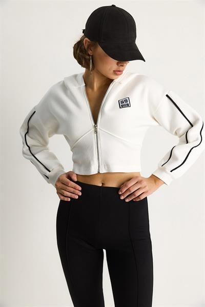 Kadın Kapüşonlu Fermuarlı Korse Detaylı Şardonlu Crop Hırka 6867 60283525 - Beyaz